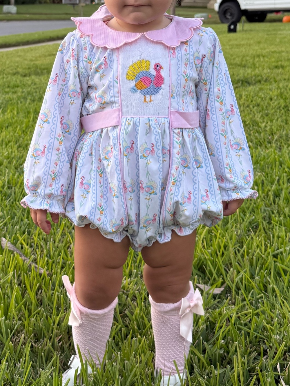 Smocked Flamingo 18M Baby Girl Pink Collar Romper with Embroidered Turkey